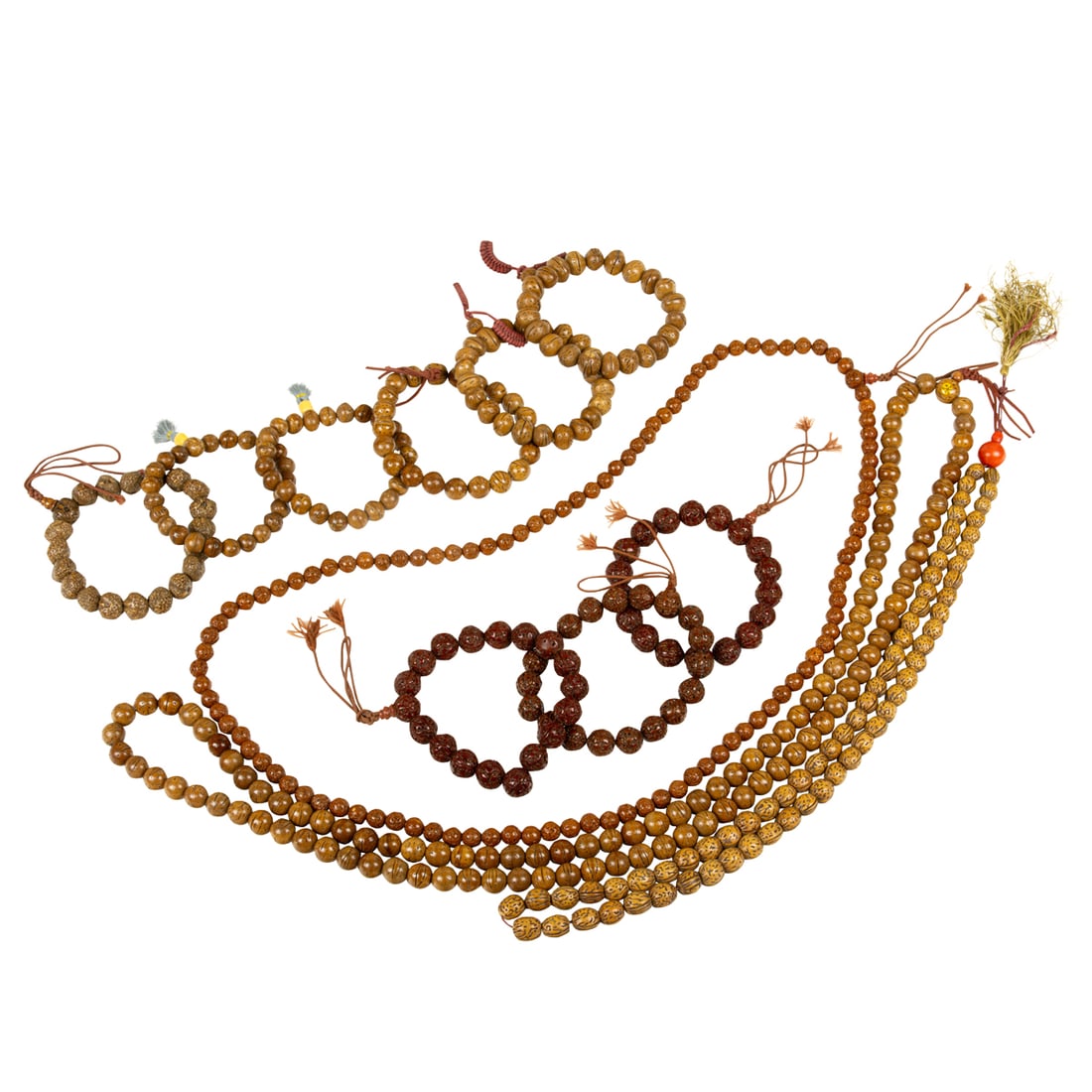 A selection of Sino-Tibetan bodhi seed prayer beads: A selection of Sino-Tibetan bodhi seed prayer beads. 20th century, 56" longest. Provenance: Naomi Lindstrom