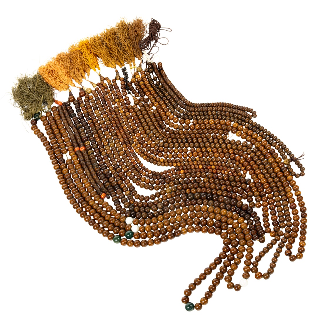 A group of Sino-Tibetan star and moon bodhi seed prayer beads: A group of Sino-Tibetan star and moon bodhi seed prayer beads. 20th century, 46" longest. Provenance: Naomi Lindstrom
