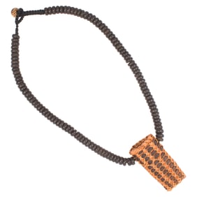 An old Native American wood prayer bead necklace with a Great Basin weaver's basket