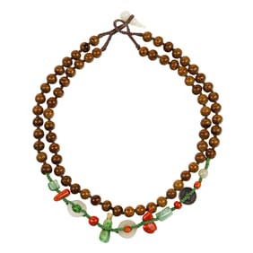 Two strands of Chinese jade, red coral and moon and star bodhi seed beads
