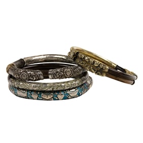 (lot of 4) Chinese silver mounted rattan bangle bracelets