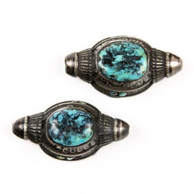 Two Tibetan turquoise inlaid silver hair beads