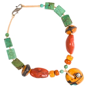 A Sino-Tibetan amber, carnelian and turquoise necklace