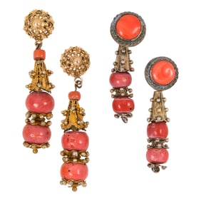 Two pairs of antique Mongolian coral and gilt silver filigree earrings