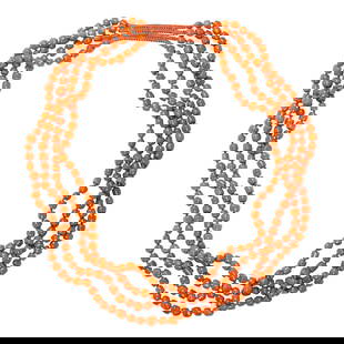 A group of Sino-Tibetan red coral beads: A group of Sino-Tibetan red coral beads. Strung as a multi-strand necklace, 19th century, 10" long. Provenance: Naomi Lindstrom