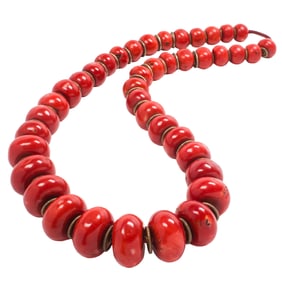 An exceptionally rare Tibetan red coral bead necklace