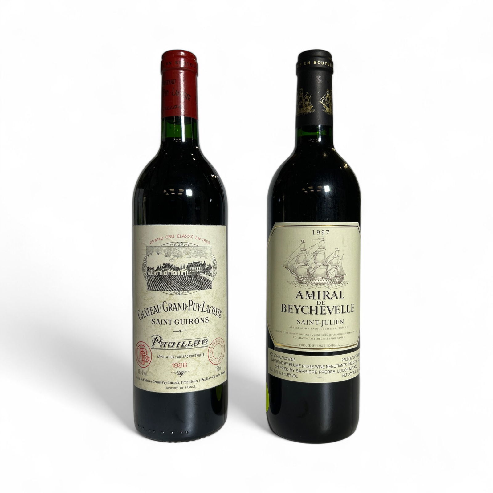 Assorted French Red Wines: (lot of 2) Assorted French Reds 1 bottle (750 ml), 1988 Chateau Grand-Puy-Lacoste, Pauillac, Saint Guirons, France 1 bottle (750 ml), 1997 Chateau Beychevelle 'Amiral de Beychevelle', Saint-Julien, Fr