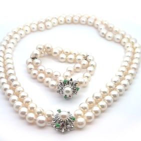 Freshwater Pearl, Jadeite and 14K Necklace and Bracelet