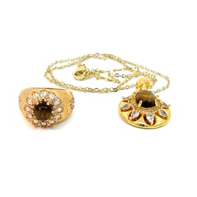 Cymophane, Diamond and Sterling Silver Necklace and Ring
