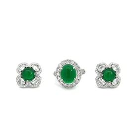 Jadeite, Diamond and Sterling Silver Ring and Earrings