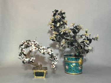 Two Chinese Cloisonne Jade Floral Bonsai