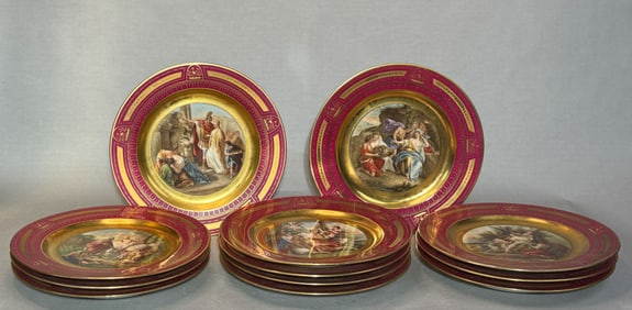 Set of Twelve Continental Porcelain Dishes with Classic Roman Stories Scene