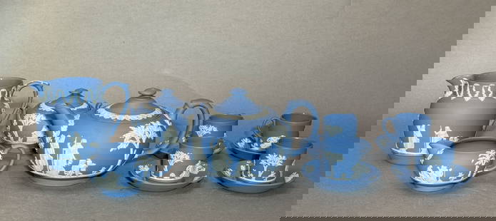 Set of Wedgwood Porcelain Tea Services: (lot of 12) Set of English Wedgwood porcelain tea services. Teapot: 5"h x 8.5"w (12.7 x 14.73 cm) NOTE: THIS ITEM IS IN NEW YORK, WHERE IT CAN BE SHIPPED FROM.
