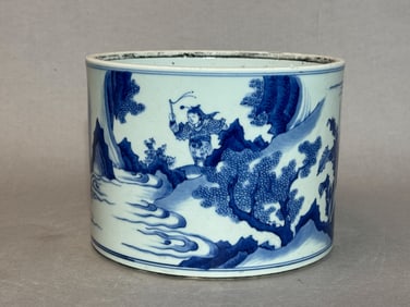 Chinese Large Blue White Porcelain Brush Pot with Landscape Scene