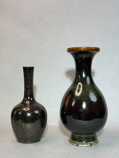 Two Chinese Porcelain Vase with Stardust Glaze: (lot of 2) Two chinese porcelain vase, one smaller long neck formed with iron rust star dust glaze, under glazed blue mark, another larger one of tea dust star spot glaze, previously drilled for lamp.