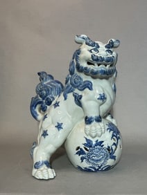 Japanese Blue White Porcelain Shishi by Kutani Kiln