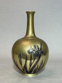 Japanese Bronze Mixed Metal Vase with Iris Design