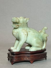 Chinese Jade Foolion on Silverwire Inlaid Base