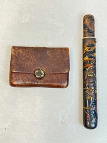 Japanese Lacquer Pipe Case and Tobacco Pouch, Meiji Period