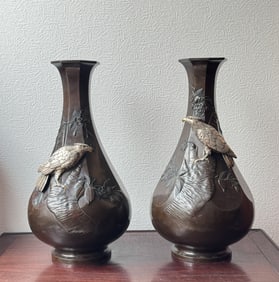 Pair Japanese Bronze Vases with Silver Hawk, Meiji Period