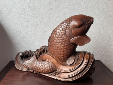 Japanese Carved Wood Koi, Meiji Period