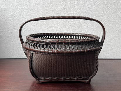 Japanese Bamboo Basket with Dense Woven: Japanese antique bamboo basket. 7"h x 10.5"w (17.78 x 26.67 cm) NOTE: THIS ITEM IS IN NEW YORK, WHERE IT CAN BE SHIPPED FROM.