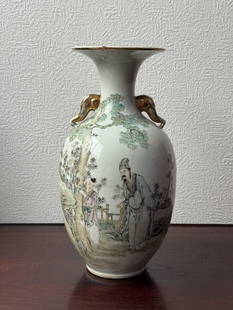 Chinese Porcelain Vase with Gold Elephant Ear: Chinese porcelain vase with gold elephant ear, small nick on the top rim, front with scholar scene, reverse with poem scene. 12.5"h (31.75 cm) NOTE: THIS ITEM IS IN NEW YORK, WHERE IT CAN BE