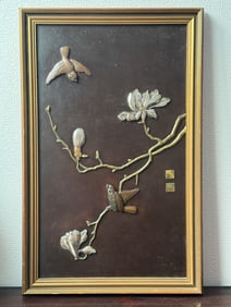 Japanese Stunning Mixed Metal Plaque on Iron, Meiji Period