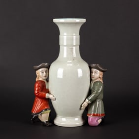 A Famille Rose and Celadon Glazed Vase Supported By European Figures, Early 20th Century
