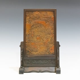 A Chinese Bamboo Carved Plaque with Wood Frame and Stand