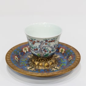 Chinese Porcelain Cup on Cloisonne Under Plate