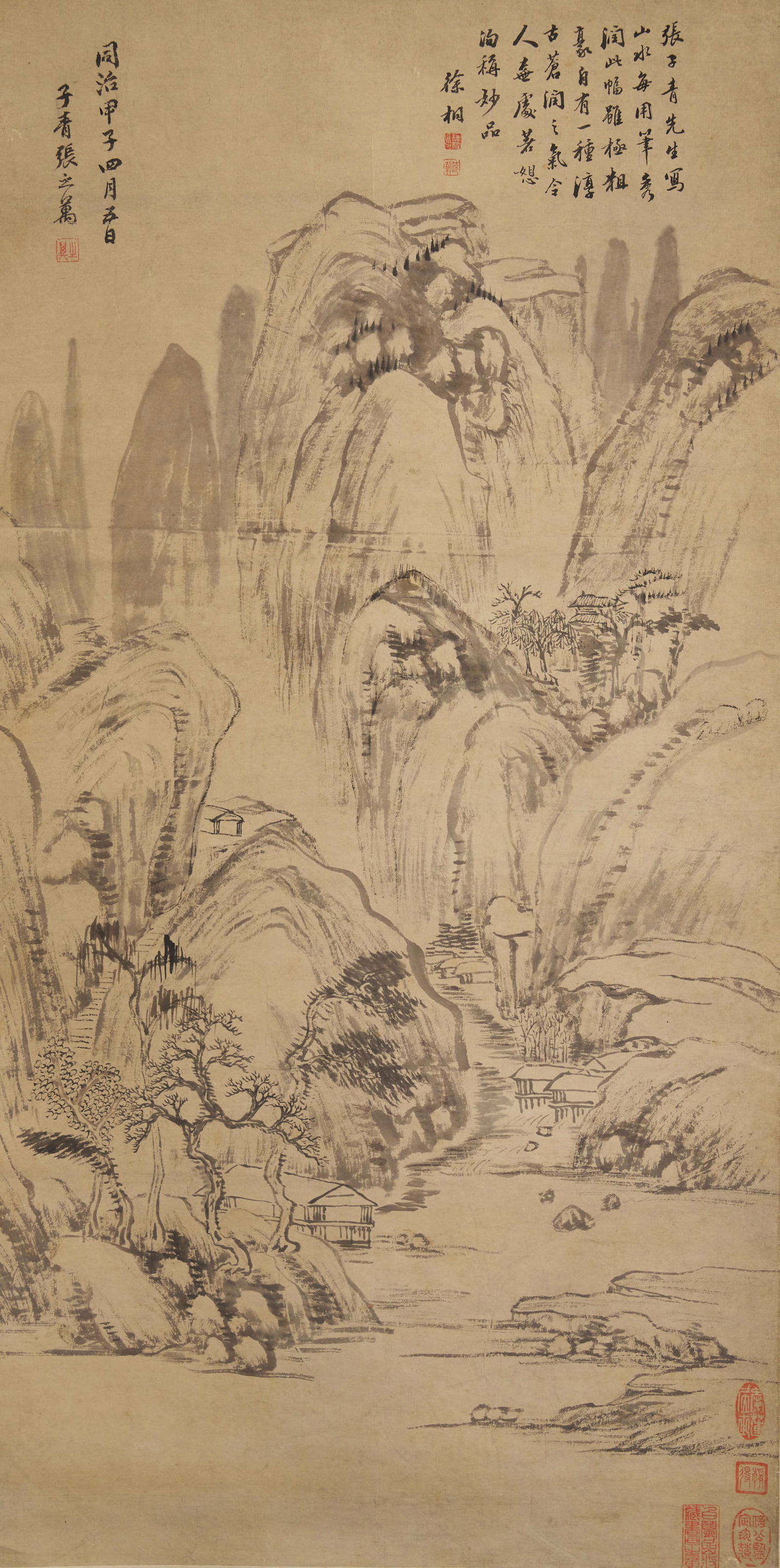 Zhang Zhiwan (1811-1897) - Chinese Painting of Landscape: Zhang Zhiwan (1811-1897) - Chinese painting of landscape. Ink on paper, hanging scroll. Inscribed and signed Zhang Zhiwan, with one seal of the artist. Inscribed and signed Xu Xiang, with two seals. F