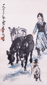 Huang Zhou ( 1925-1997 ) - Chinese Painitng Scroll of Figure and Donkey