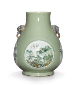 Chinese Celadon-Ground Famille-Rose Vase, 19th Century
