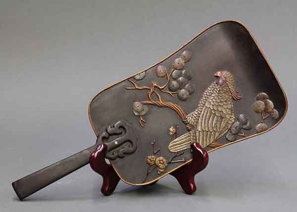 Chinese Wooden Fan with Stone Inlay, Parrot: Chinese soapstone inlaid wooden fan, featuring a cockatoo perched on a pine tree executed in various colored stones, 12.25"h