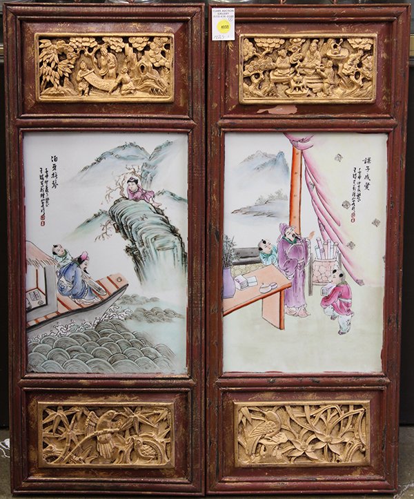 Two Chinese Painted Porcelain Plaques, Wang Qi (after): (lot of 2) Chinese enameled porcelain plaques, one depicting a scholar and two attendants in the study; the other of a gentleman and a boy on a boat, the upper left entitled, with cyclical date renzi 