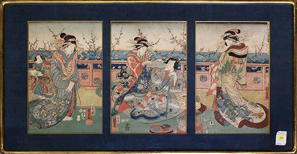 Japanese Woodblock Print Kuniyoshi Triptych Courtesans: Utagawa Kuniyoshi (Japanese 1798-1861), Courtesans and a Client in Spring, woodblock print, triptych, 19th century, each bearing artist, publisher, censor seals, sight: 14"h x 9"w each, overall (with 
