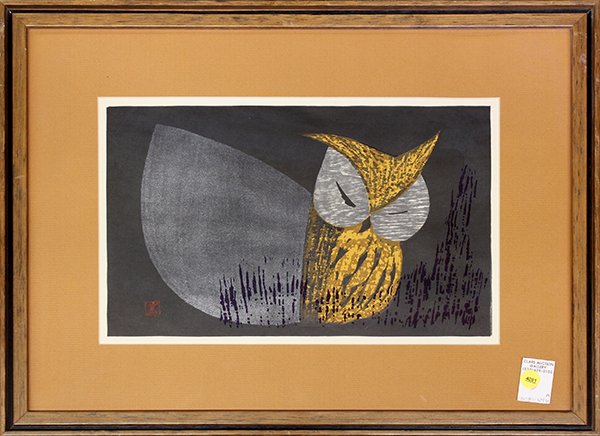 Japanese Modern Woodblock Prints by Kawano Kaoru: Kawano Kaoru (Japanese, 19016-1965), "Moonlight Night Owl", woodblock print, lower left with the artist seal, sight: 11"h x 15.5"w, overall (with frame): 17.5"h x 23"w