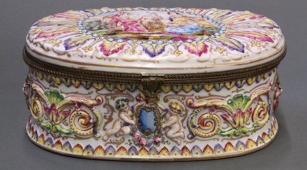 Capodimonte polychrome decorated porcelain table casket: Capodimonte polychrome decorated porcelain table casket of ovular form with a scenic reserve depicting Classical style ladies surrunding a fire, having putti and floral decoration, Crown over N mark o