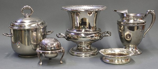 American silver plate associated hollowware: (lot of 5) American silver plate associated hollowware consisting of a champagne urn with zinc liner, covered ice bucket having a glass liner, standing butter dish with dome cover and glass insert, wa