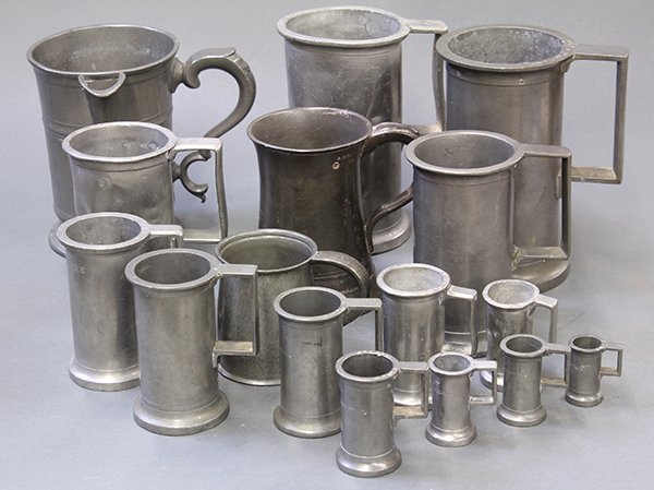 Collection of early to mid 19th century pewter tankards: (lot of 16) Collection of pewter tankards, mostly English, including early examples to mid 19th century, some marked measures of centilitre, double centilitre, decilitre, half litre, pint, and quart