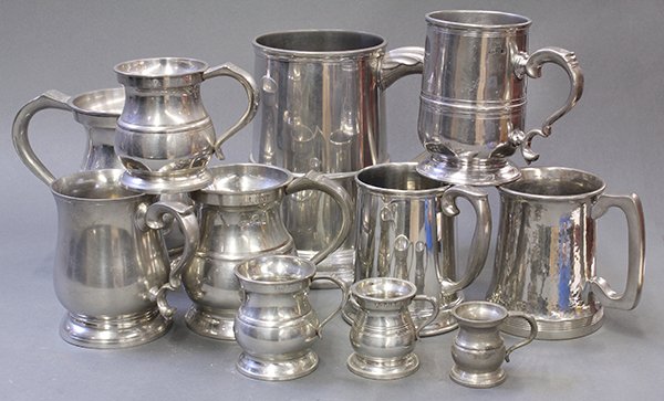 Pewter tankards including a presentation mug inscribed: (lot of 11) Pewter tankards including a presentation mug inscribed "To Our Skipper Uncle Doc Fathers Day June 19, 1966" bearing other familiar names, associated examples by James Yates and Stieff,