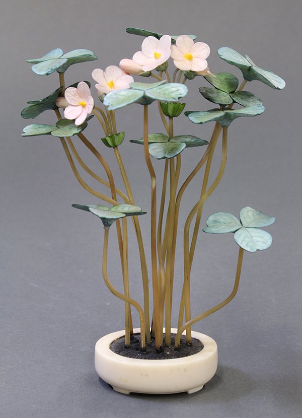 Japanese carved miniature flower sculpture: Japanese carved ivory polychrome decorated miniature flower sculpture, Meiji period, 5.25"h