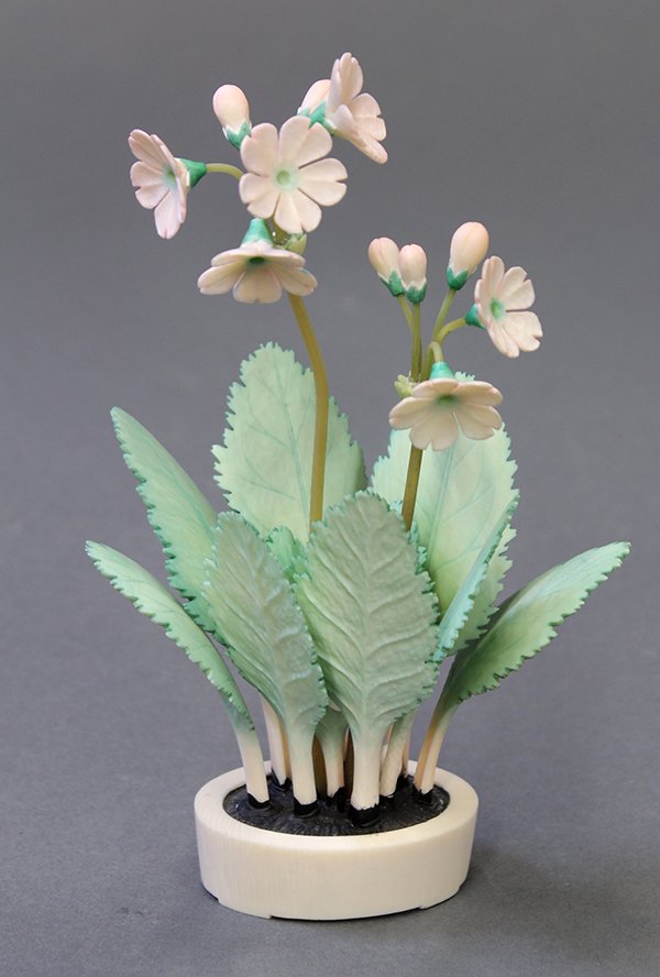 Japanese carved miniature flower sculpture: Japanese carved ivory polychrome decorated miniature flower sculpture, Meiji period, 5.25"h