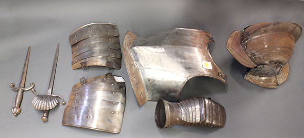 (lot of 7) Elements of armor, including an articulated : (lot of 7) Elements of armor, including an articulated gauntlet, 2 daggers, a helmet, a Spanish style breast plate, and two German style articulated tassets, Provenance: Property from the Estate of Fr