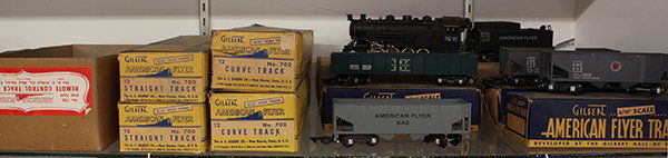 American Flyer S gauge train set: (lot of 10) American Flyer S gauge train set including 342 AC switcher, Loco, and tender with choo choo and smoke, (2) 632 hopper cars, 640 hopper car, 631 gondola car, box of 702 curved track, box of
