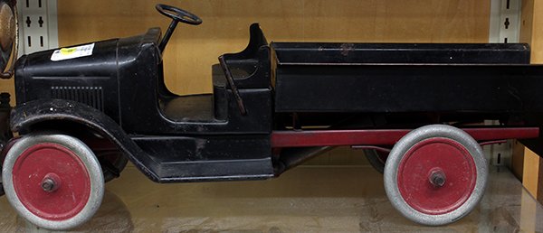 Group of pressed steel automobiles: (lot of 2) Pressed steel automobiles including Keystone Fire Truck 6400, 25"l, and a black Buddy "L" car (label partially legible), 23"l