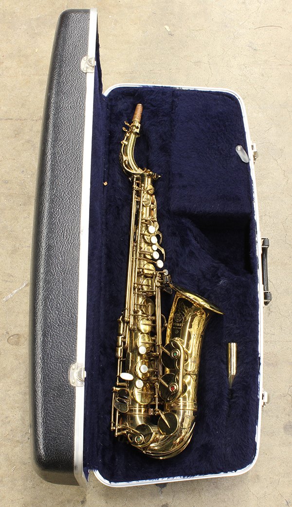 Selmer saxophone, circa 1975.: (lot of 2) Selmer Mark VII saxophone, circa 1975, gold plated brass with mother of pearl keys and floral engraving to bell, marked model Mark VII, Henri Selmer, Paris, Selmer, made in France, serial #
