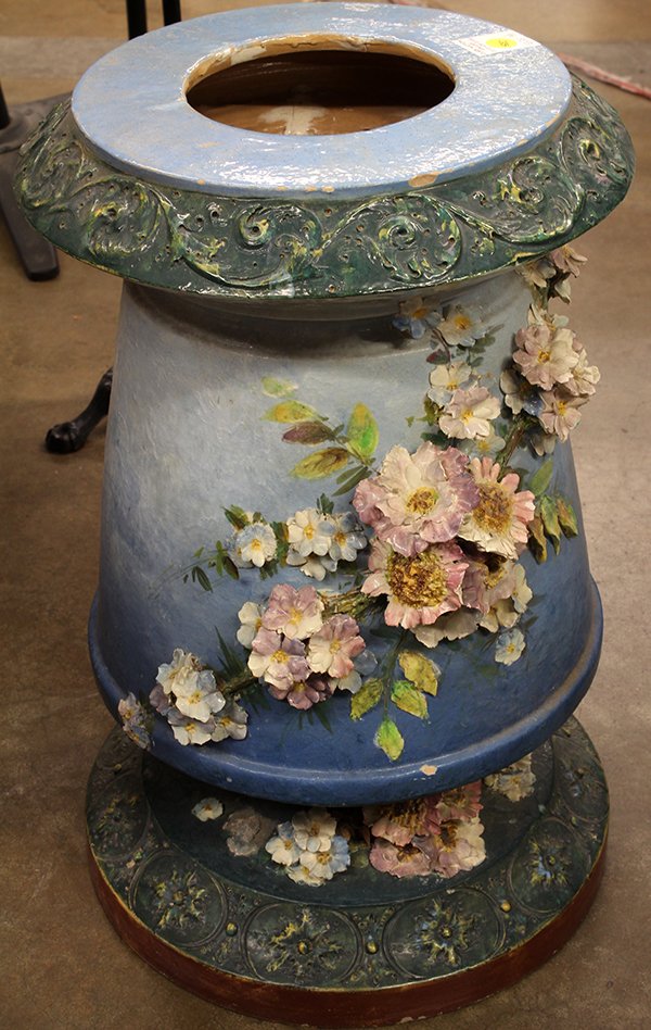 Art pottery floral decorated pedestal: Art pottery pedestal glazed blue with floral blossoms in relief, 24":h