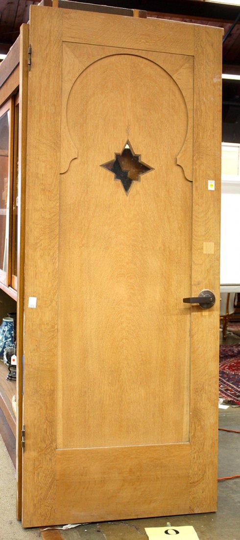 (lot of 2) Arts and Crafts entry doors: (lot of 2) Arts and Crafts entry doors, executed in quarter sawn oak in 1917 and designed by architect T. Patterson Ross for the Shriners Temple, 650 Geary St, San Francisco, designed in the Exotic st